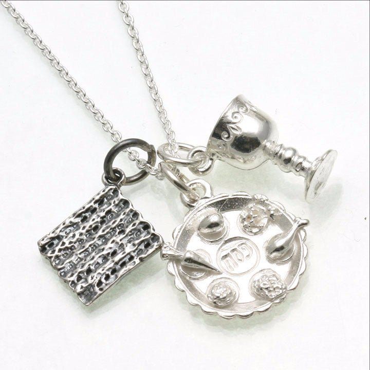 Sterling Silver Passover Charm Necklace Matzah Seder Plate Elijah Cup - JewelryJudaica