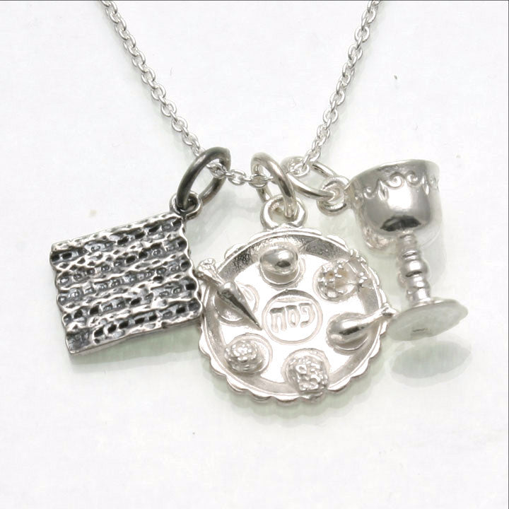 Sterling Silver Passover Charm Necklace Matzah Seder Plate Elijah Cup - JewelryJudaica