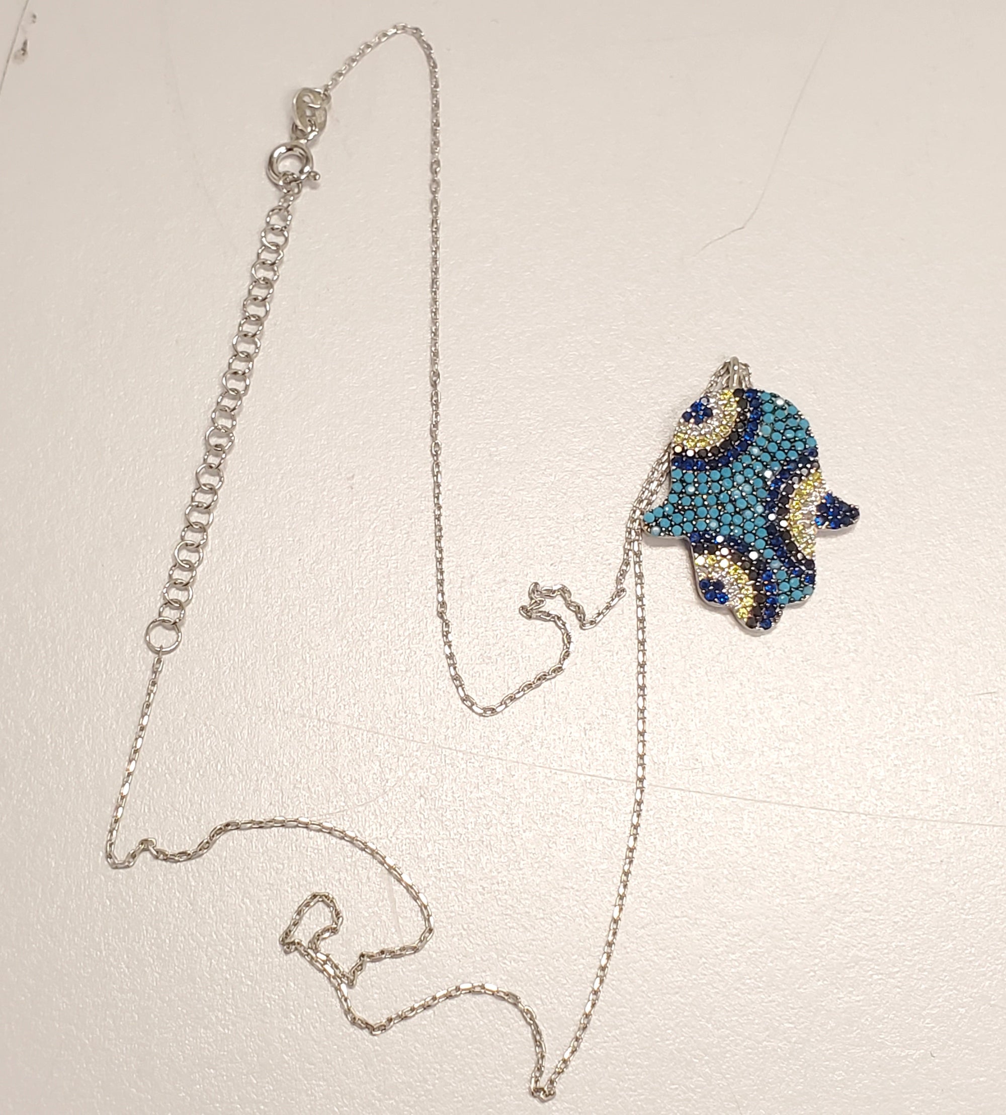 Sterling Silver Turquoise Hamsa Pave Necklace Multicolor