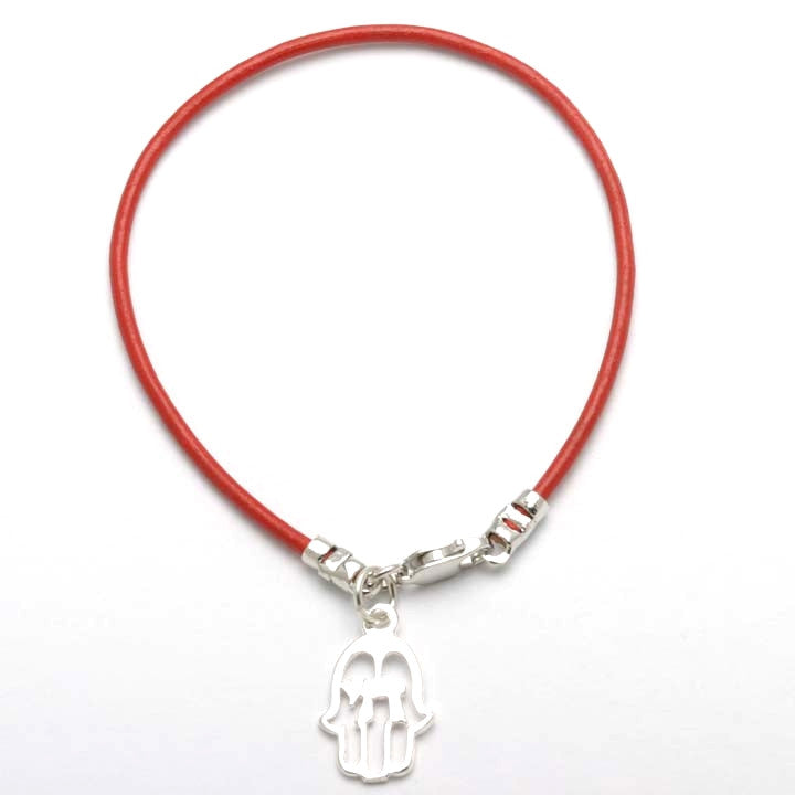 Sterling Silver Hamsa Chai Red Leather Bracelet - JewelryJudaica