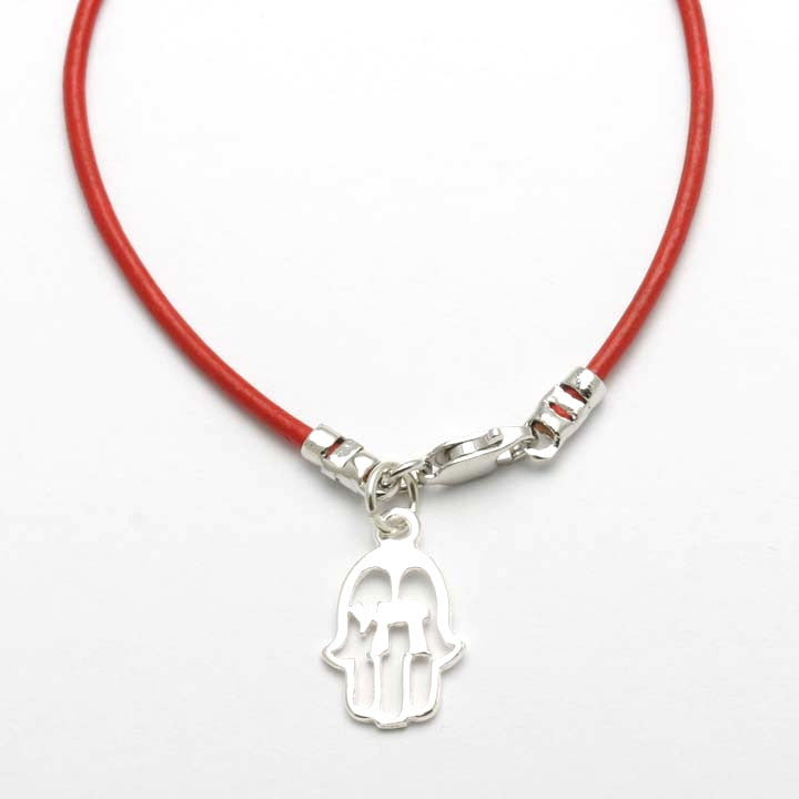 Sterling Silver Hamsa Chai Red Leather Bracelet - JewelryJudaica