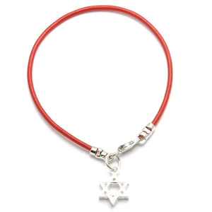 Sterling Silver Star of David Red Leather Bracelet - JewelryJudaica