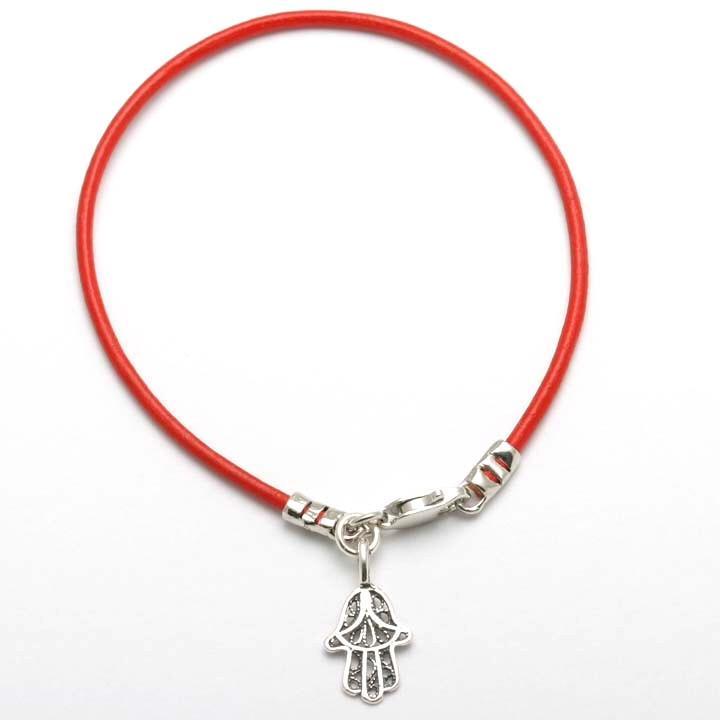 Sterling Silver Filigree Hamsa Red Leather Bracelet - JewelryJudaica