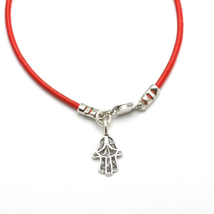 Sterling Silver Filigree Hamsa Red Leather Bracelet - JewelryJudaica