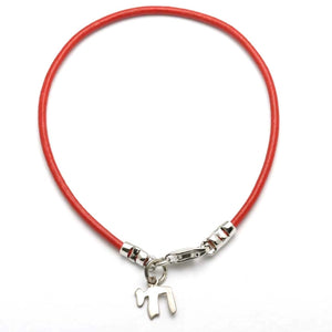 Sterling Silver Chai Red Leather Bracelet Judaica - JewelryJudaica