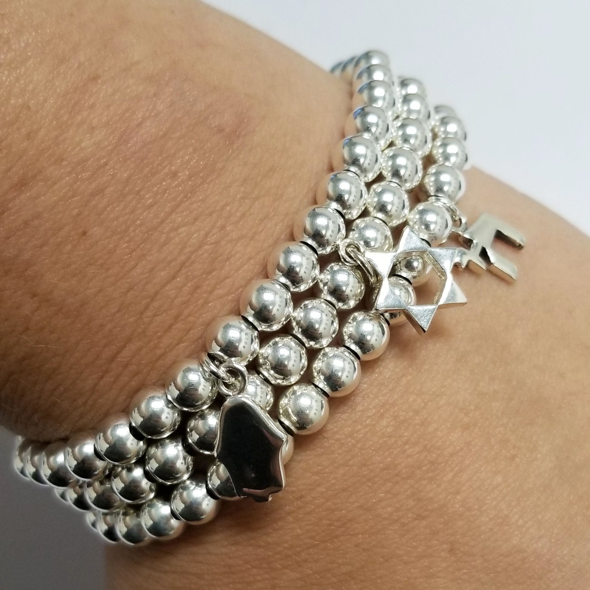 Sterling Silver Beaded Chai Bracelet - JewelryJudaica