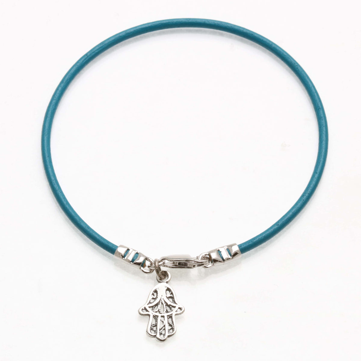 Sterling Silver Filigree Hamsa Turquoise Leather Bracelet - JewelryJudaica