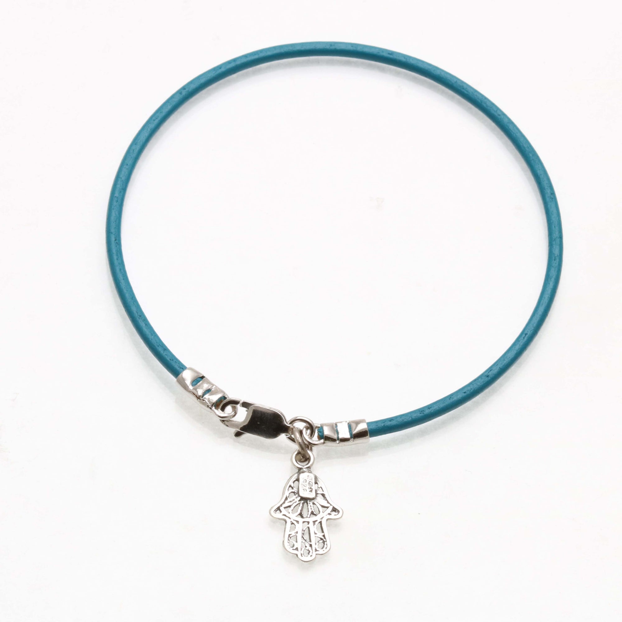 Sterling Silver Filigree Hamsa Turquoise Leather Bracelet - JewelryJudaica