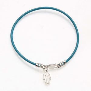 Sterling Silver Hamsa Evil Eye Turquoise Leather Bracelet - JewelryJudaica