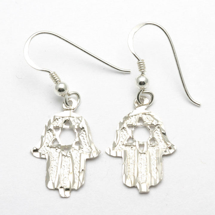 Sterling Silver Hamsa Dangle Earrings Star of David Diamond Cut - JewelryJudaica