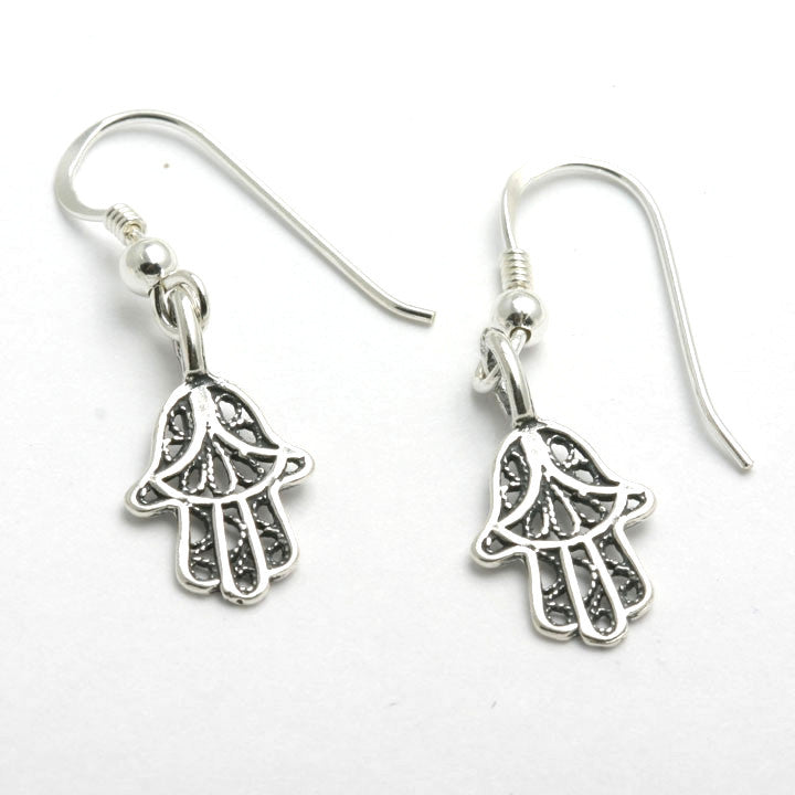 Sterling Silver Hamsa Dangle Earrings Filigree Hand Oxidized - JewelryJudaica