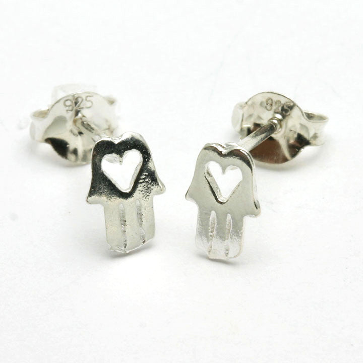 Sterling Silver Hamsa Heart Stud Earrings - JewelryJudaica