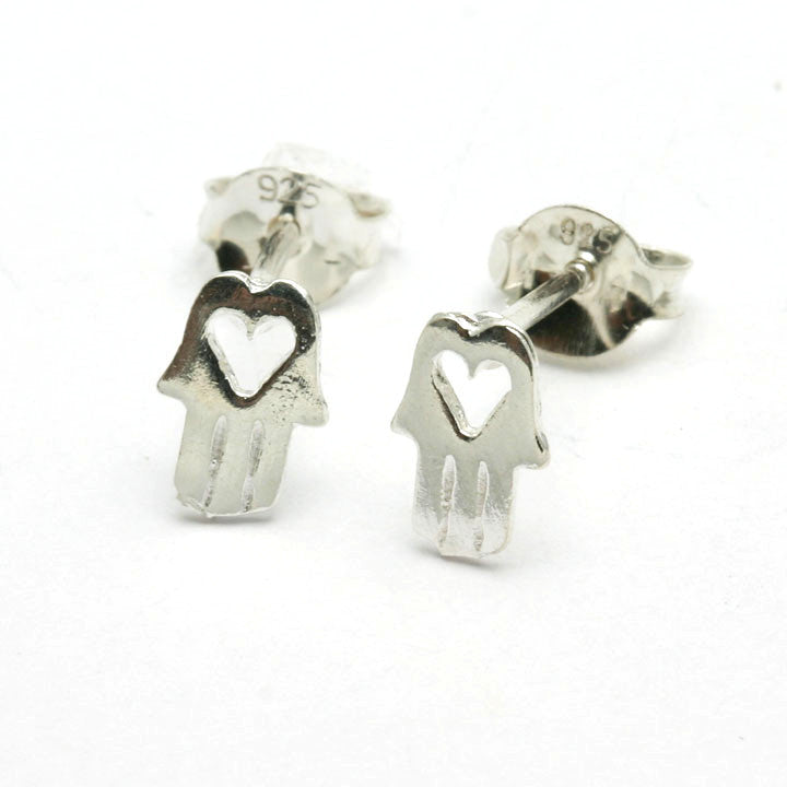 Sterling Silver Hamsa Heart Stud Earrings - JewelryJudaica