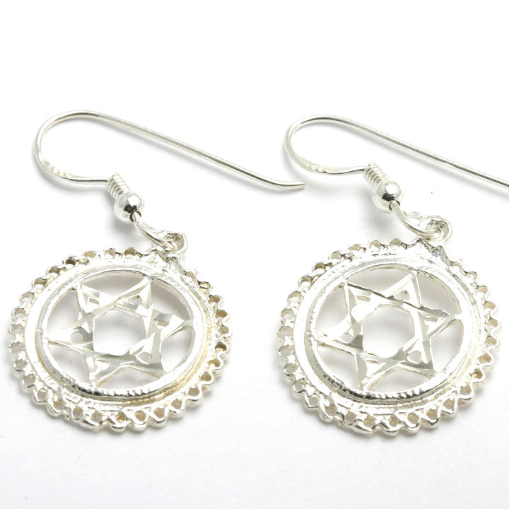 Sterling Silver Jewish Star of David Dangle Earrings Encircled - JewelryJudaica