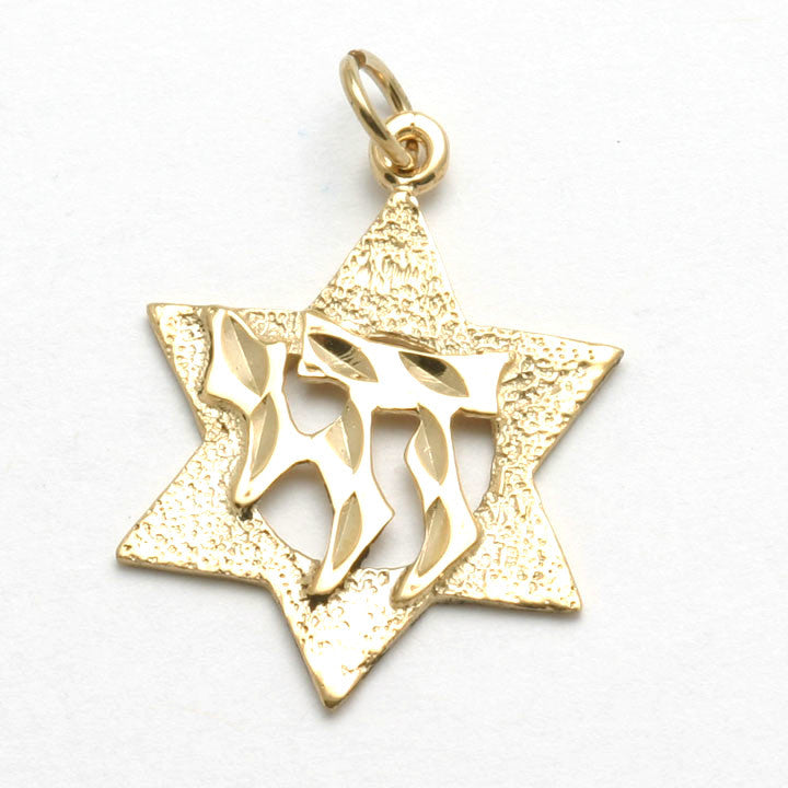 14k Yellow Gold Star of David Chai Pendant - JewelryJudaica