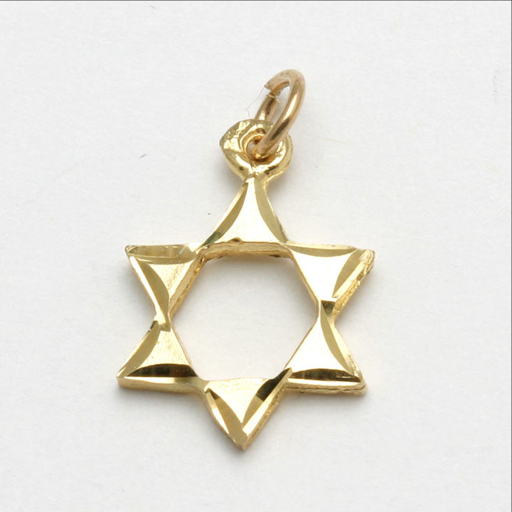 14k Yellow gold Star of David Pendant Small Diamond Cut - JewelryJudaica