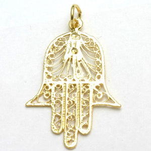 14K Yellow Gold Filigree Hamsa Hand Pendant - JewelryJudaica