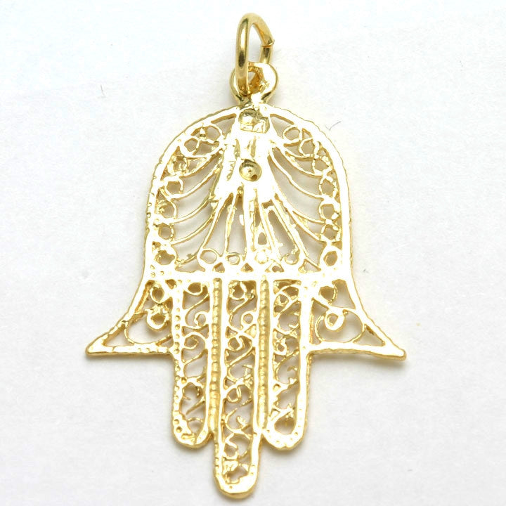 14K Yellow Gold Filigree Hamsa Hand Pendant - JewelryJudaica