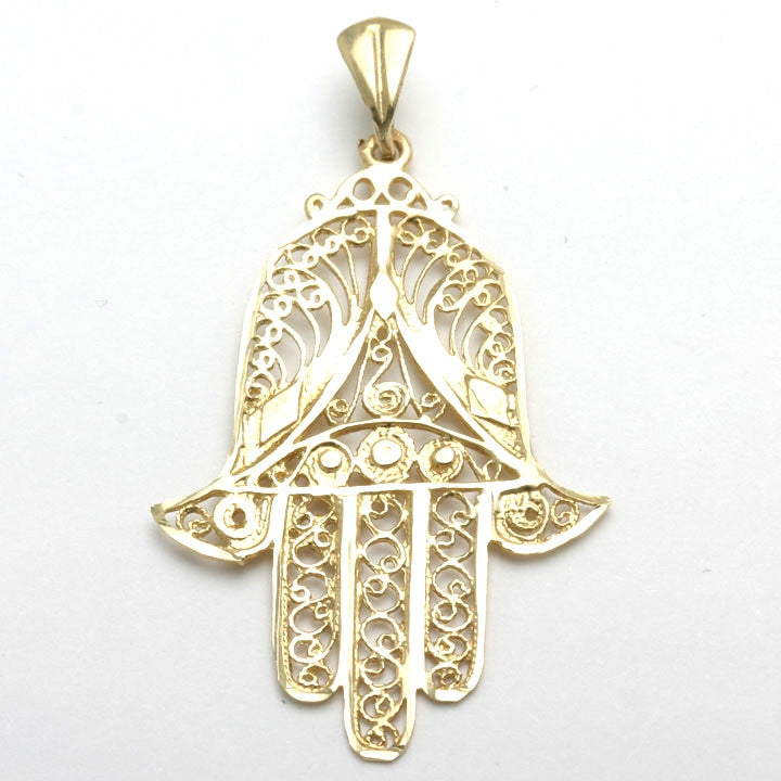 14k Yellow gold Hamsa Pendant Hand of G-d Filigree Yemenite Large - JewelryJudaica