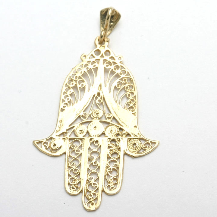 14k Yellow gold Hamsa Pendant Hand of G-d Filigree Yemenite Large - JewelryJudaica