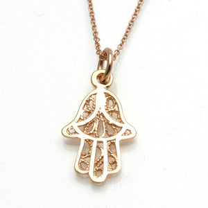 14k Rose Gold Filigree Small Hamsa Pendant Hand Necklace - JewelryJudaica