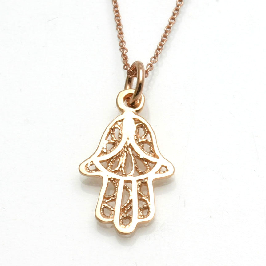 14k Rose Gold Filigree Small Hamsa Pendant Hand Necklace - JewelryJudaica