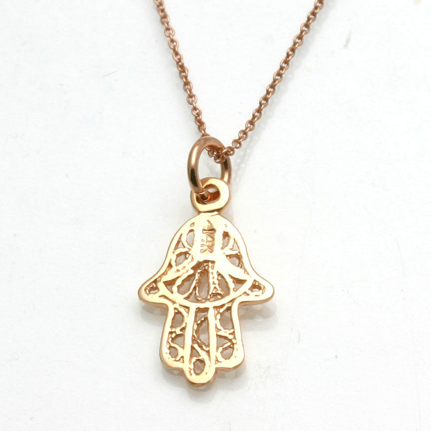 14k Rose Gold Filigree Small Hamsa Pendant Hand Necklace - JewelryJudaica