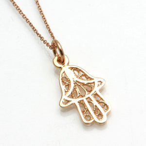 14k Rose Gold Filigree Small Hamsa Pendant Hand Necklace - JewelryJudaica