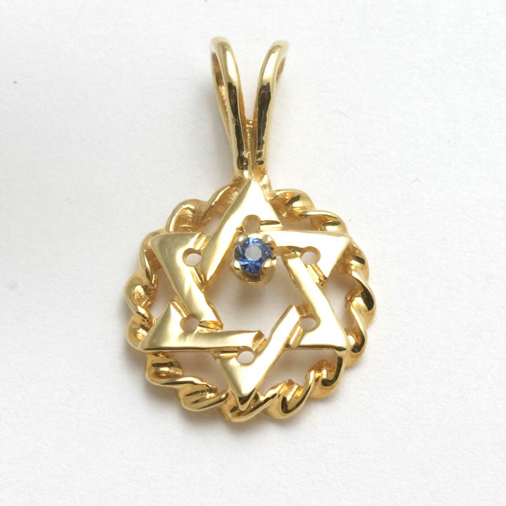 14k Yellow Gold Star of David Gemstone Pendant Encircled - JewelryJudaica