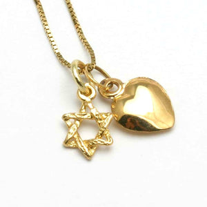 14k Yellow Gold Star of David Heart Charm Necklace - JewelryJudaica