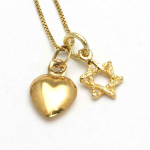 14k Yellow Gold Star of David Heart Charm Necklace - JewelryJudaica