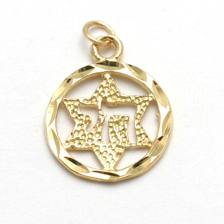 14k Yellow Gold Star of David Chai Encircled Pendant - JewelryJudaica