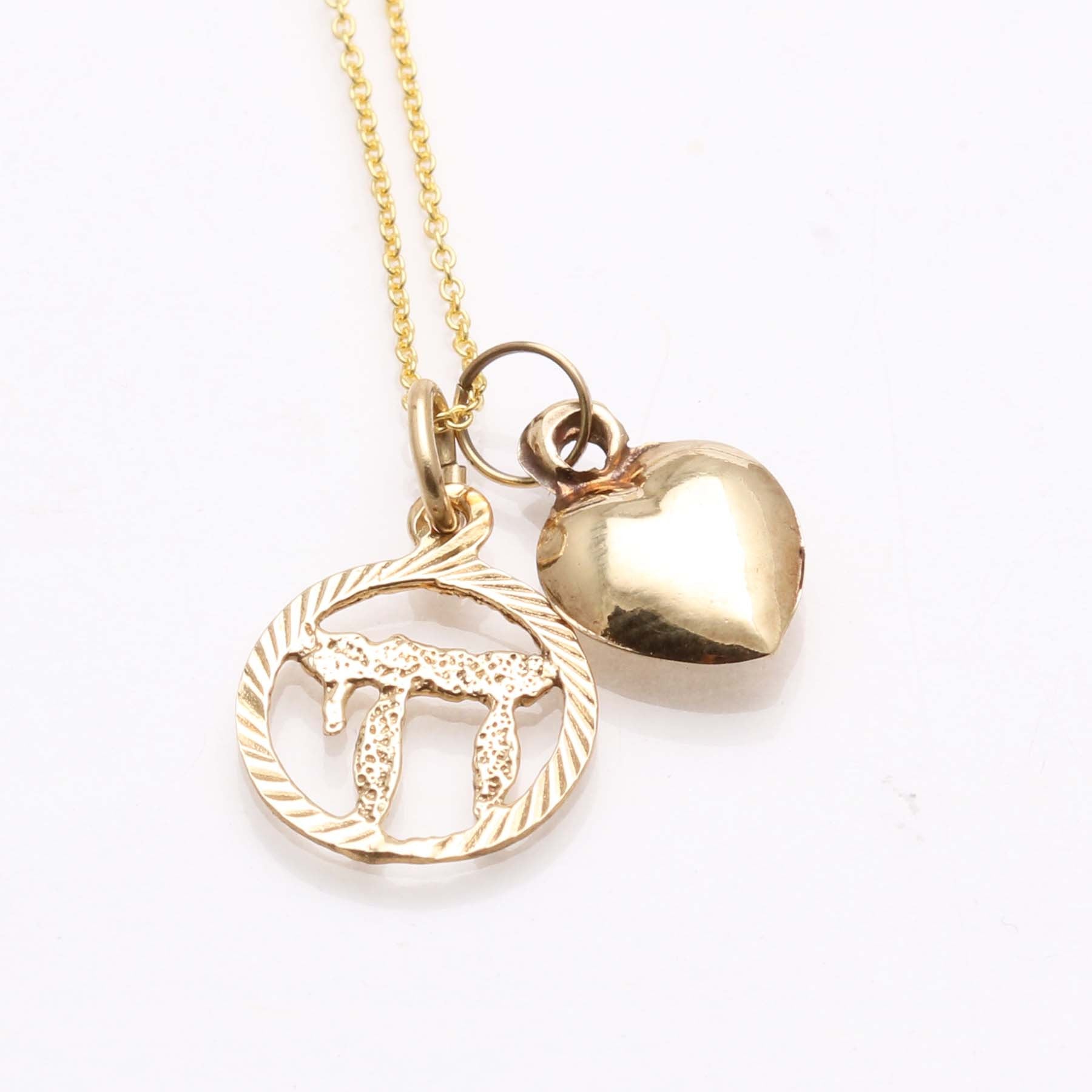 14k Yellow Gold Encircled Chai Heart Charm Necklace - JewelryJudaica