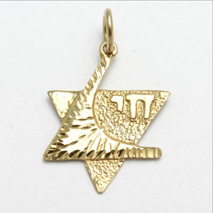 14k Yellow Gold Star of David Chai Pendant Diamond Cut - JewelryJudaica