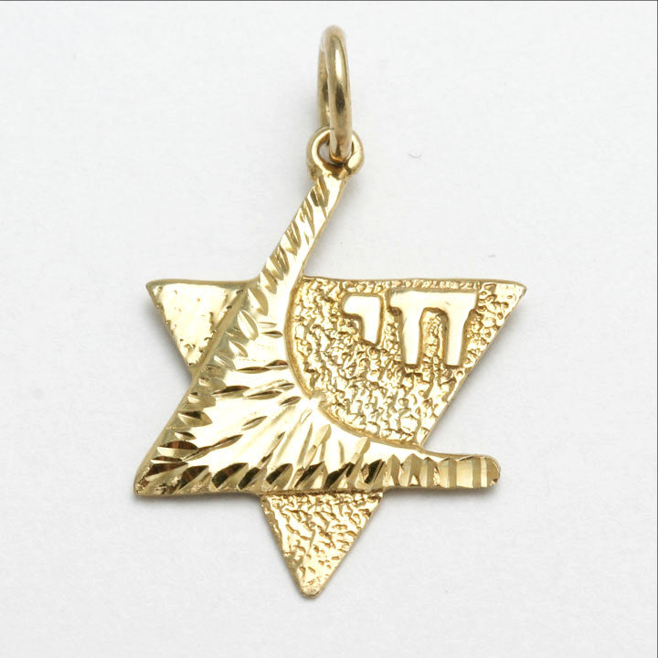 14k Yellow Gold Star of David Chai Pendant Diamond Cut - JewelryJudaica