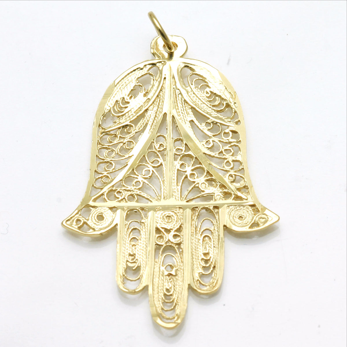 14k yellow gold Hamsa Large filigree hand Pendant Israel - JewelryJudaica