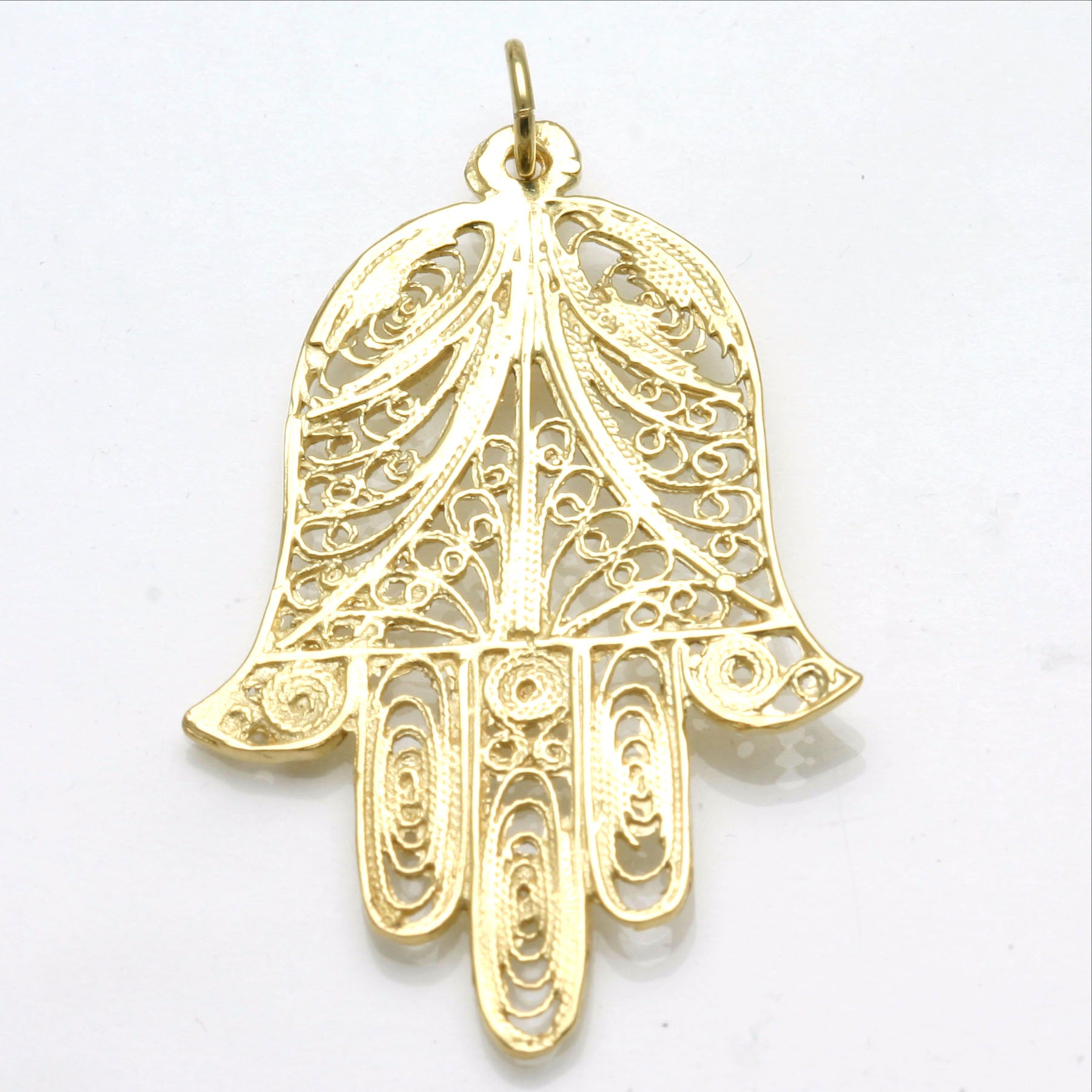 14k yellow gold Hamsa Large filigree hand Pendant Israel - JewelryJudaica