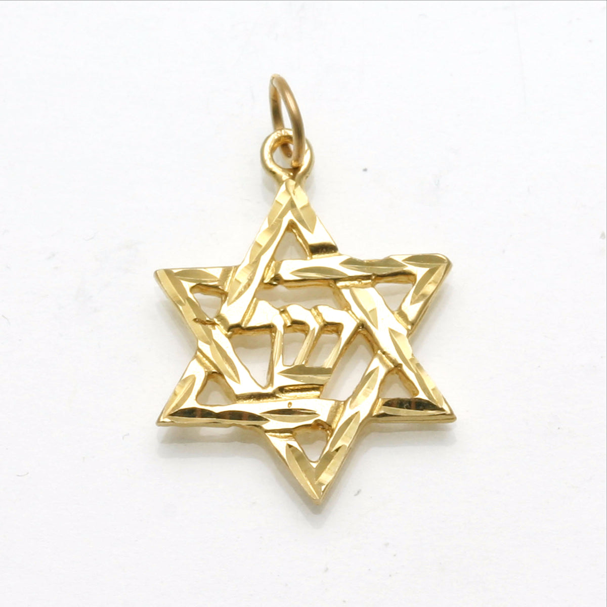 14k yellow gold Star of David Shin Pendant Diamond Cut - JewelryJudaica