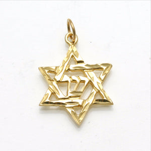 14k yellow gold Star of David Shin Pendant Diamond Cut - JewelryJudaica