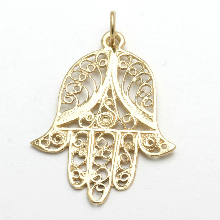 14k Yellow Gold Hamsa Filigree Large Hand of G-d - JewelryJudaica