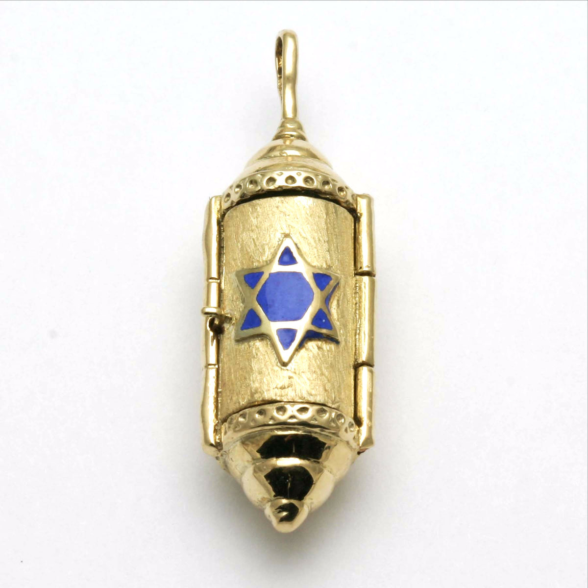 14k Yellow Gold Rounded Mezuzah Pendant Blue Enamel Star Chai - JewelryJudaica