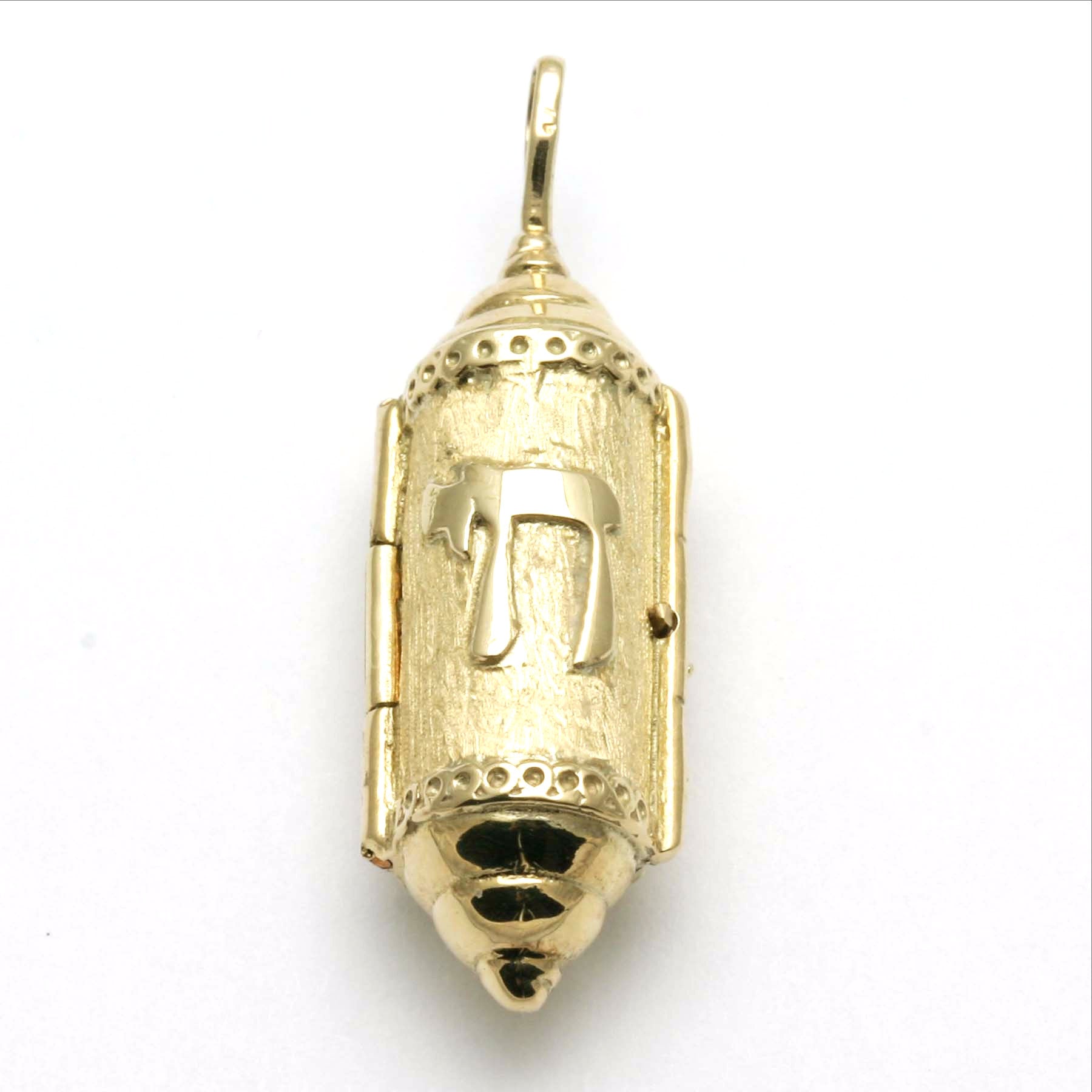 14k Yellow Gold Rounded Mezuzah Pendant Blue Enamel Star Chai - JewelryJudaica