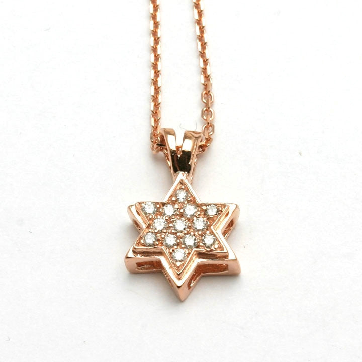 14k Rose gold Diamond small Jewish Star of David Necklace - JewelryJudaica