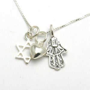 Sterling Silver Hamsa Heart Star of David Charm Necklace - JewelryJudaica