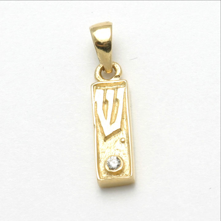 14k Yellow gold Mezuzah Diamond Pendant Solid Small - JewelryJudaica