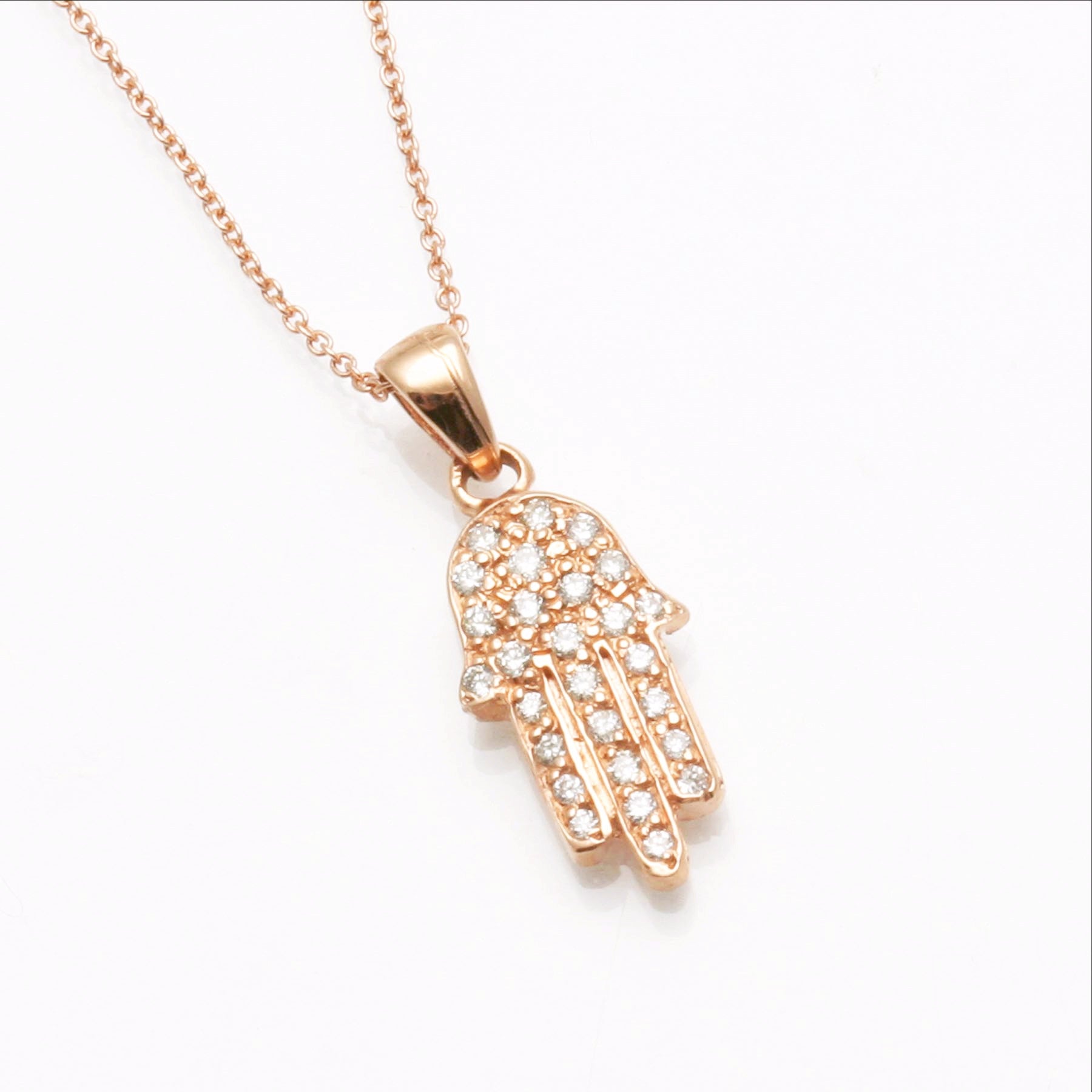 14K Rose Gold Diamond Hamsa Pendant Hand Pave 1/4 carat Necklace - JewelryJudaica