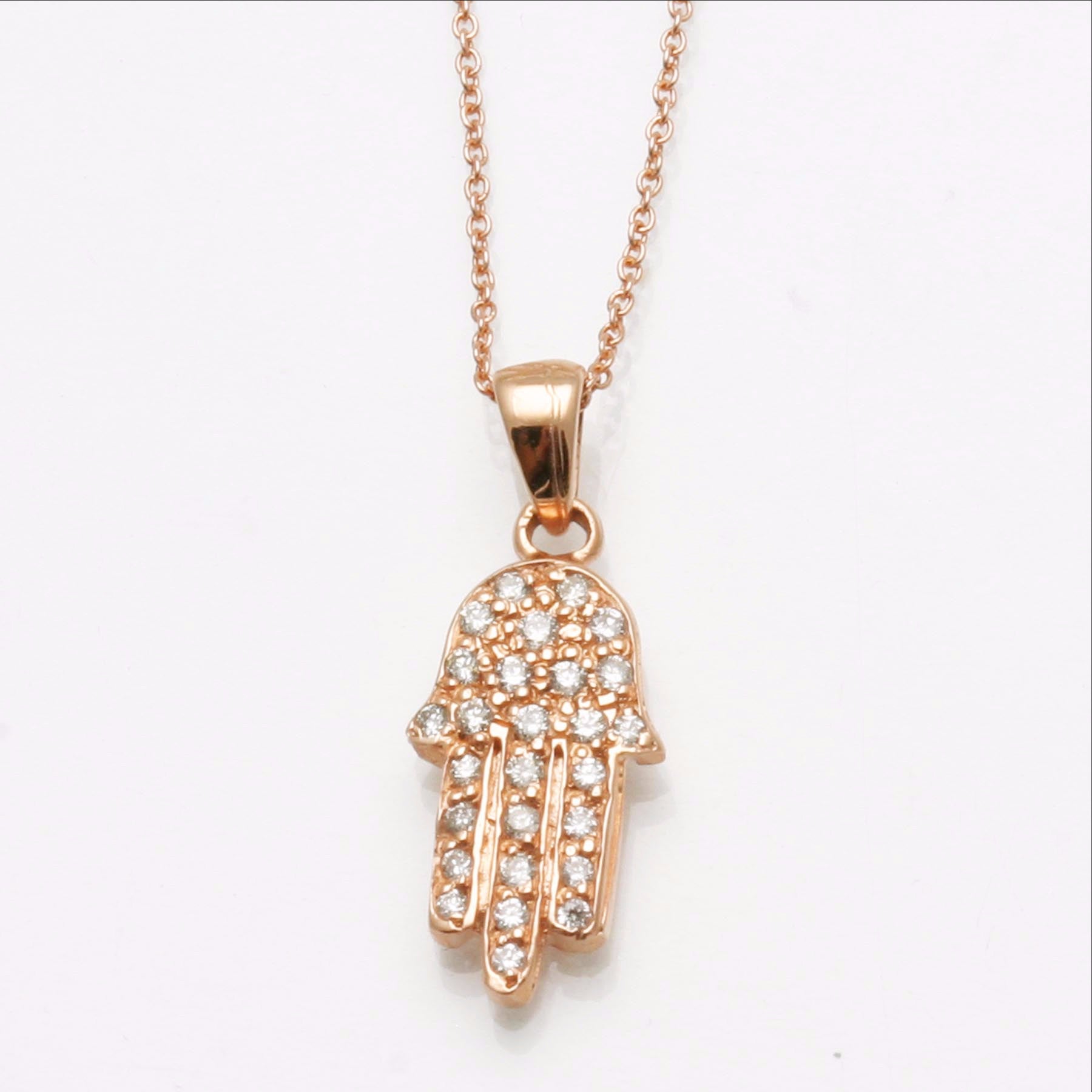14K Rose Gold Diamond Hamsa Pendant Hand Pave 1/4 carat Necklace - JewelryJudaica