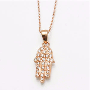 14K Rose Gold Diamond Hamsa Pendant Hand Pave 1/4 carat Necklace - JewelryJudaica