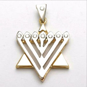 14k Yellow & White Gold Menorah Diamond Star of David Pendant - JewelryJudaica