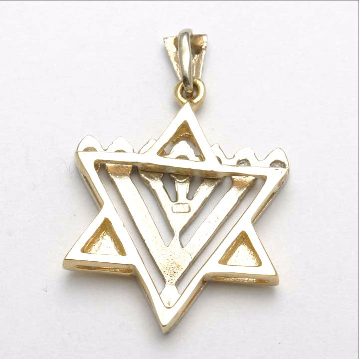 14k Yellow & White Gold Menorah Diamond Star of David Pendant - JewelryJudaica